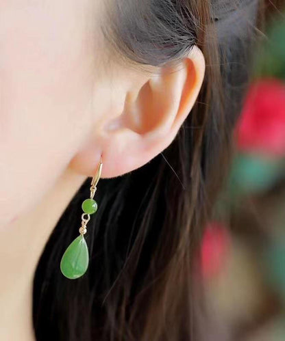 Green Sterling Silver Inlaid Jade Water Drop Drop Earrings