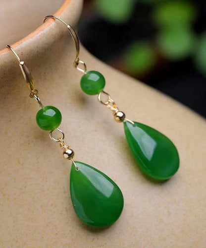 Green Sterling Silver Inlaid Jade Water Drop Drop Earrings