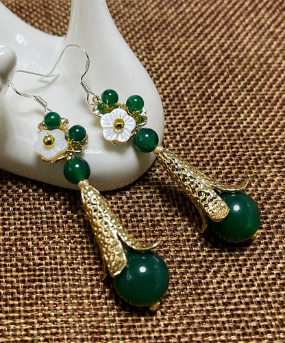Green Sterling Silver Overgild Jade Agate Shell Flower Drop Earrings