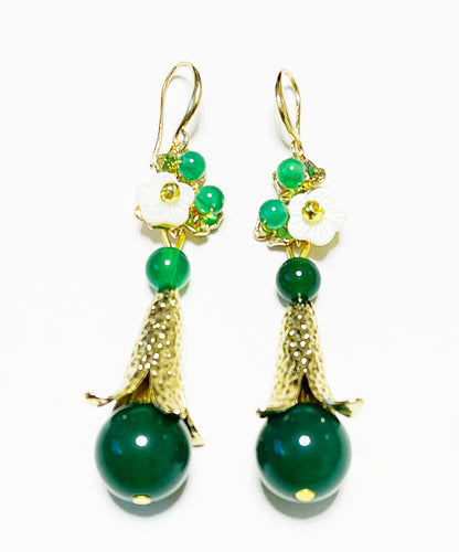 Green Sterling Silver Overgild Jade Agate Shell Flower Drop Earrings