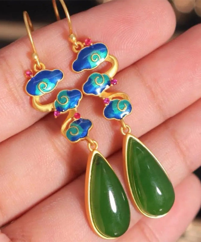 Green Sterling Silver Water Drop Hetian Jade Drop Earrings