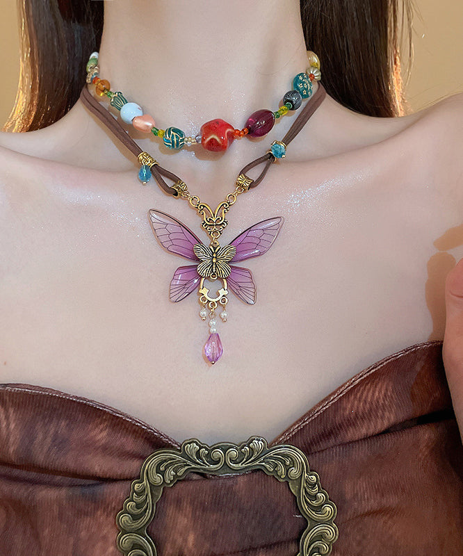Purple Sterling Silver Alloy Crystal Butterfly Pendant Necklace Ra014