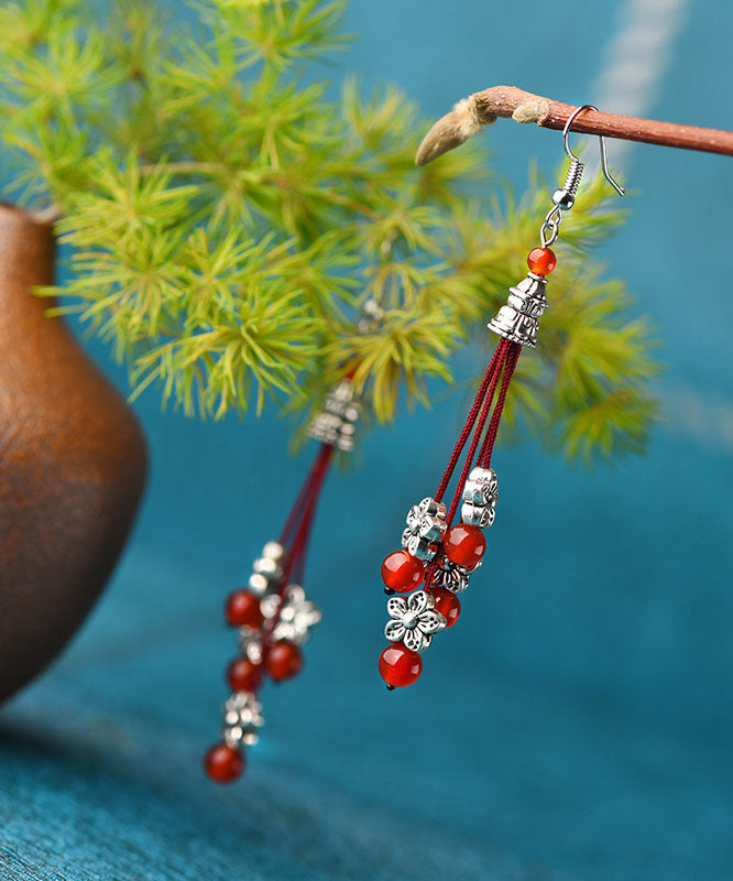 Red Agate Beads Silver Flower Drop Earrings