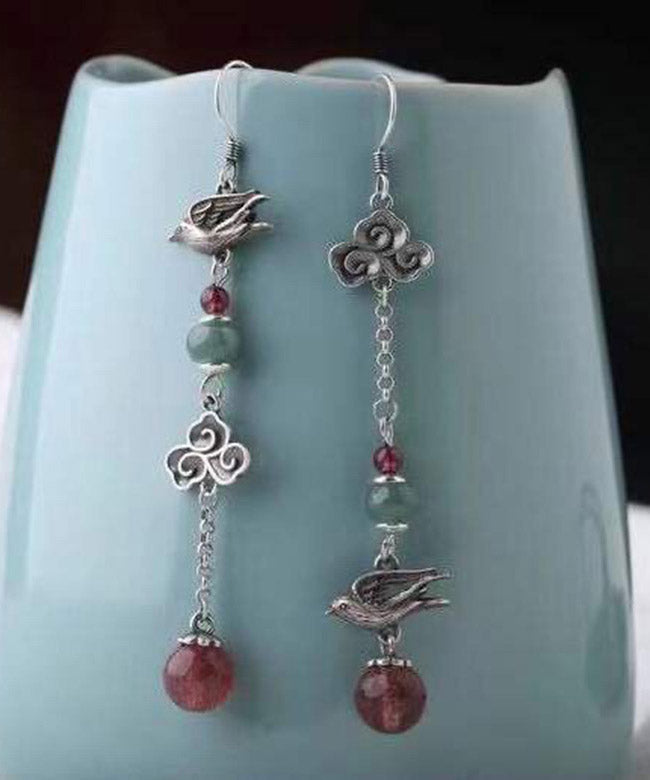 Sterling Silver Crystal Birds Over the Clouds Magpie Drop Earrings