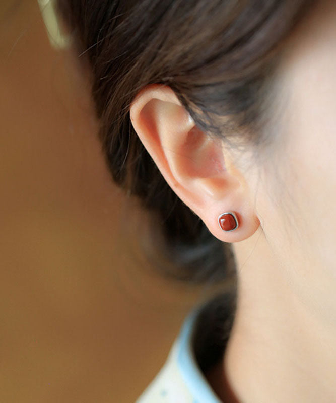Red Sterling Silver Inlaid Agate Stud Earrings Tw1034