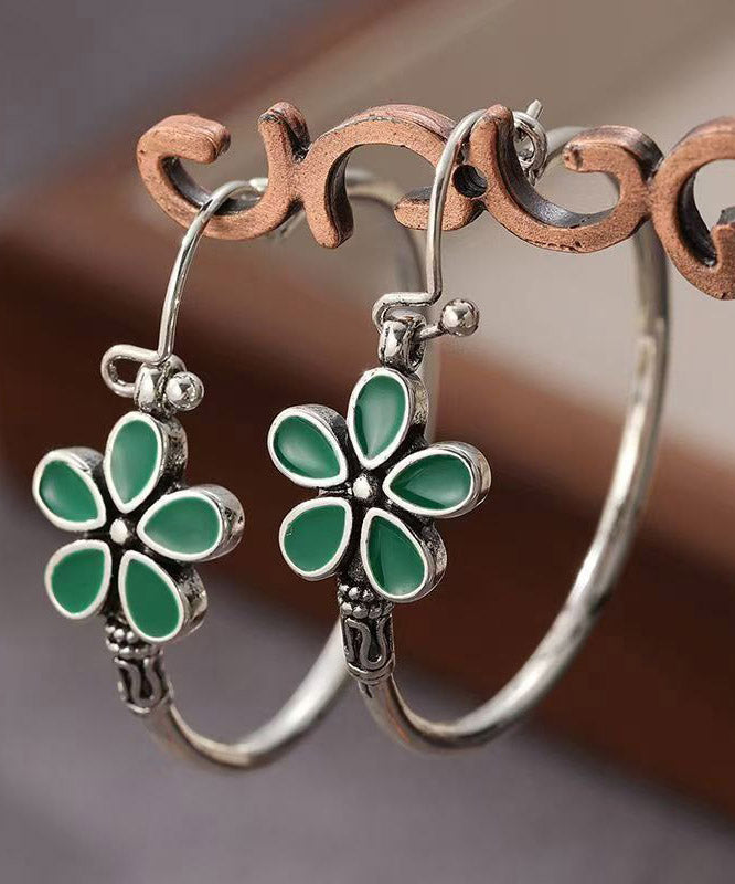 Silk Sterling Silver Five Petal Flower Hoop Earrings