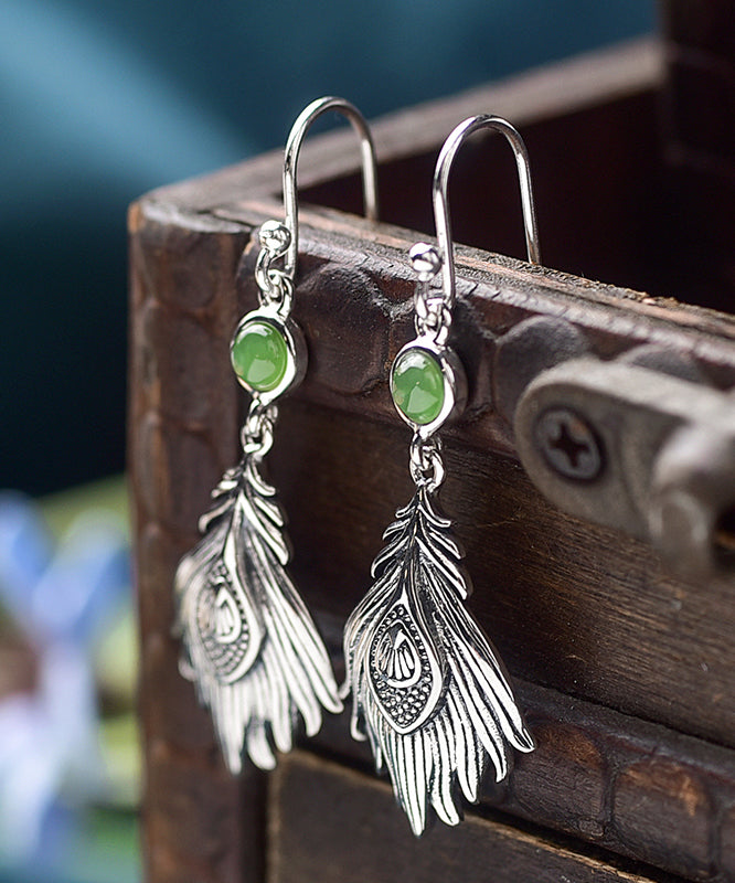 Sterling Silver Jade Feather Drop Earrings