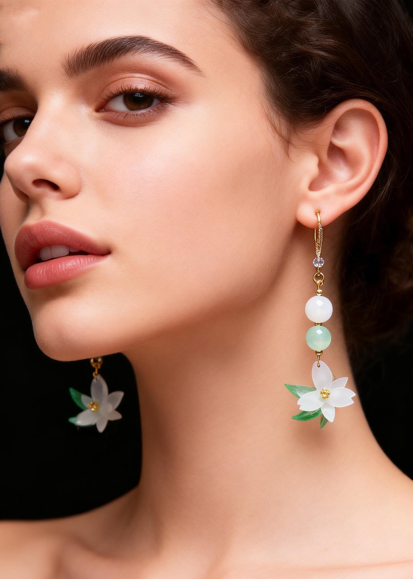 White Jade Lotus Flower Drop Earrings