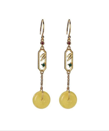 Yellow Sterling Silver Beeswax Amber Ping Buckle Drop Earrings