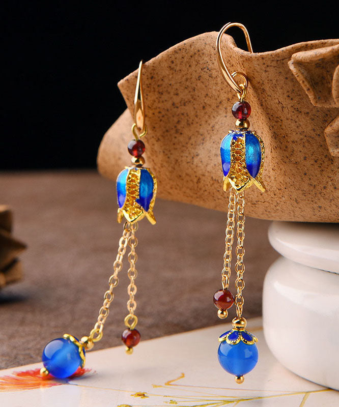 Blue Agate Cloisonne Tassel 14k Gold Drop Earrings