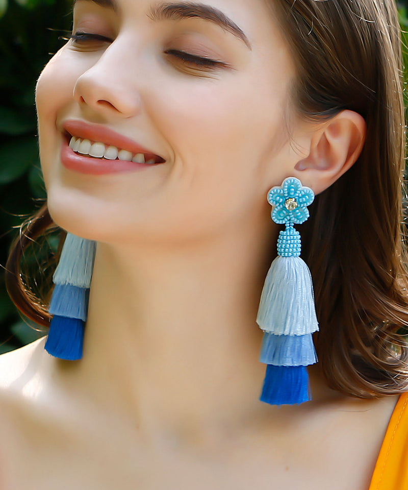 Blue Rice Ball Flower Knit Fabric Silk Cotton Tassel Drop Earrings