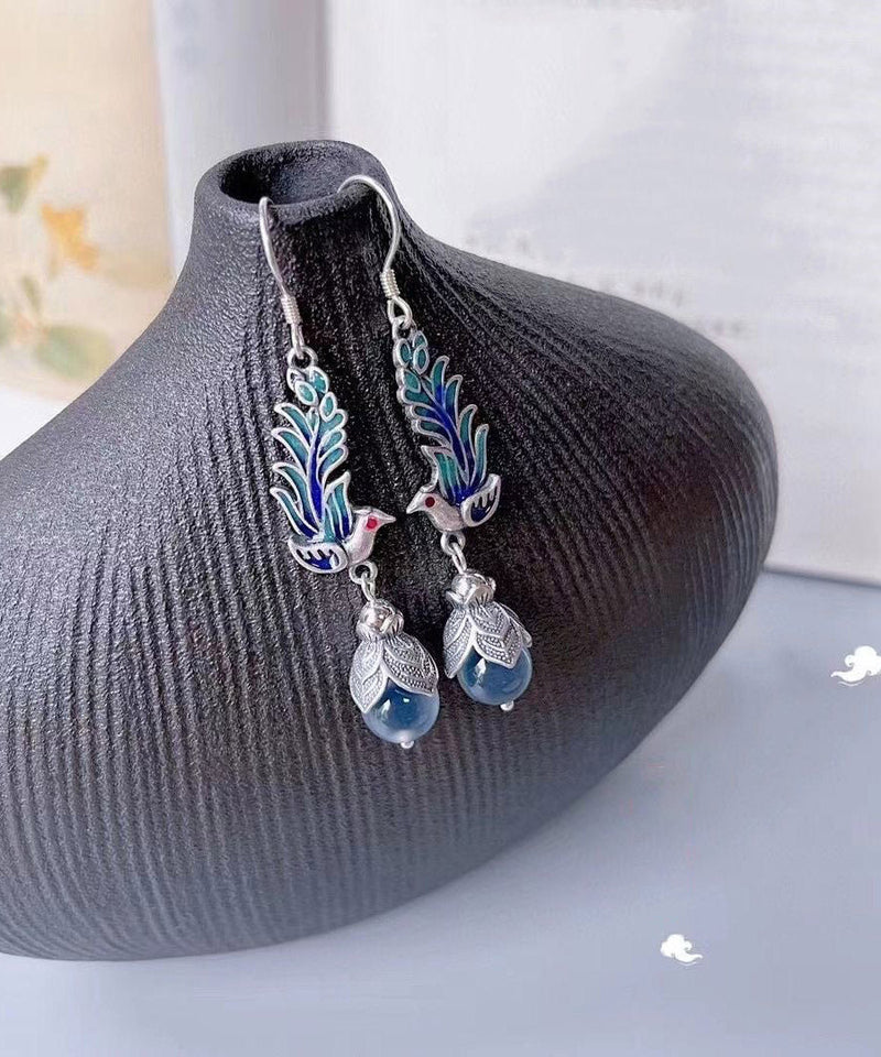 Blue Sterling Silver Cloisonne Enamel Phoenix Drop Earrings