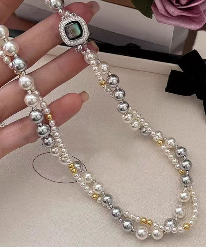 Colorblock Sterling Silver Zircon Double Layer Pearl Square Gratuated Bead Necklace