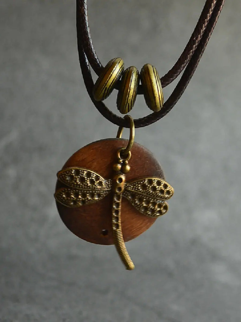 Alloy Dragonfly Wooden Necklace