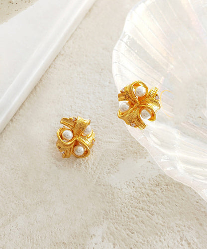 Gold Copper Pearl Glass Stud Earrings