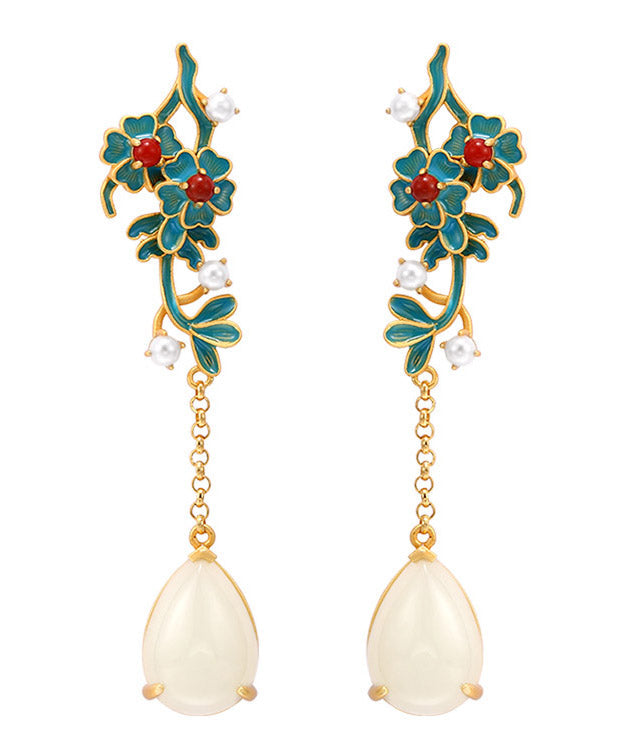 Gold Sterling Silver Jade Pearl Agate Tassel Drop Earrings
