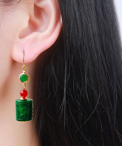 Green 14k Gold Dry Green Jade Agate Drop Earrings