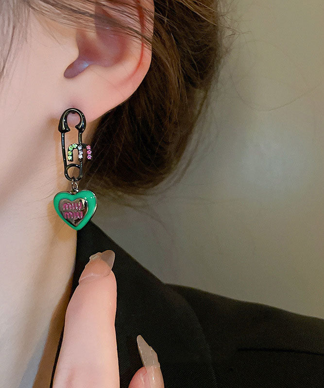 Green Alloy Zircon Graphic Love Drip Glaze Drop Earrings