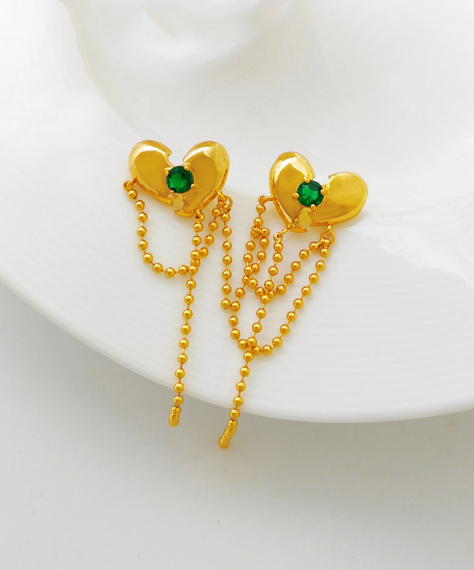 Green Copper Gold Plated Heart Zircon Drop Earrings