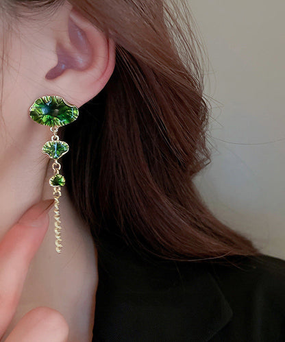 Green Sterling Silver Alloy Louts Tassel Drop Earrings