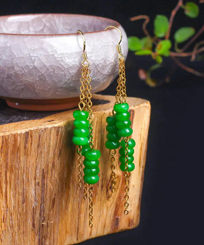Sterling Silver Overgild Dry Green Abacus Tassel Drop Earrings