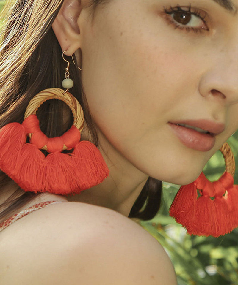 Red Hand Woven Tassel Drop Earrings