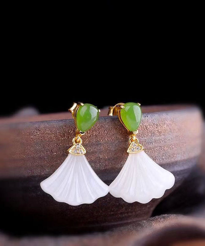 White Sterling Silver Inlaid Jade Fan Shaped Drop Earrings