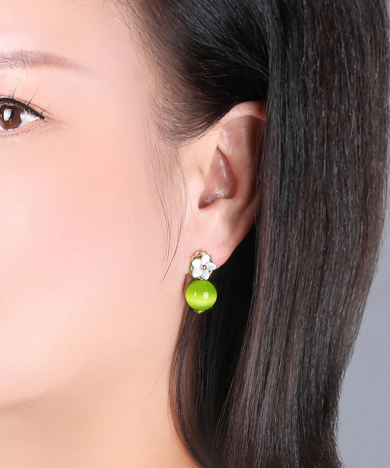 Yellow Green Shell Flower Cymophanite Drop Earrings