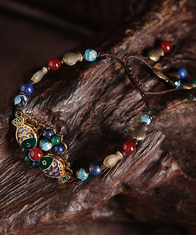 Colorblock Bronze Colored Goldfish Agate Coloured Glaze Gem Stone Cloisonne Charm Bracelet
