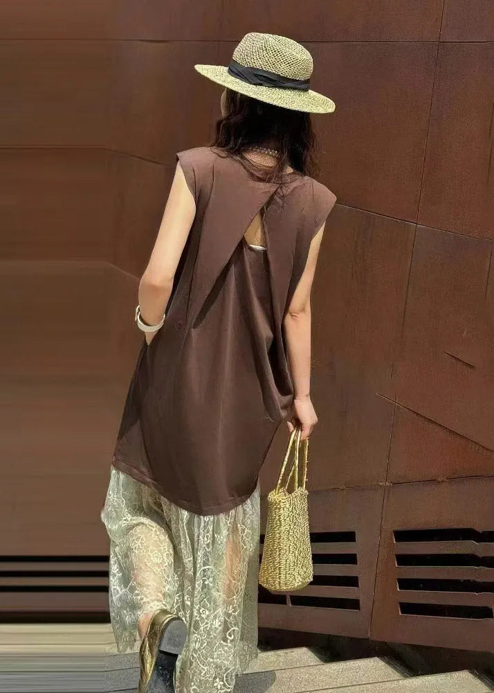 Brown Backless Patchwork Lace Straight Dresses Sleeveless