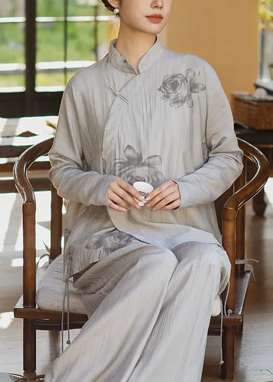Chinese Style Grey Stand Collar Print Oriental Button Cotton Shirts Spring