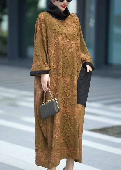 Yellow Turtleneck Pockets Cotton Dresses Batwing Sleeve