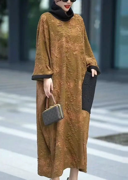 Yellow Turtleneck Pockets Cotton Dresses Batwing Sleeve