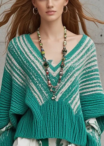 Modern Green Oversized Knit Sweater Tops Batwing Sleeve