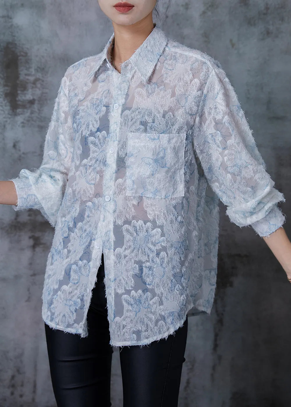 Blue Loose Chiffon Upf 50+ Top Spring