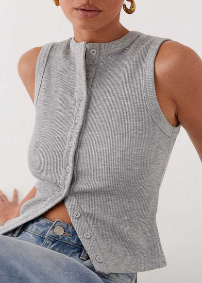 French Grey O Neck Button Knit Vest Top Sleeveless