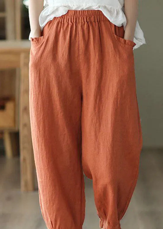 Classy Orange Wrinkled Pockets Patchwork Linen Crop Pants Summer