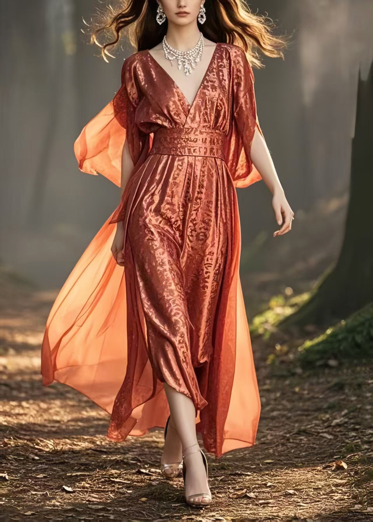 Brick Red Cinched Jacquard Silk Long Dresses Summer