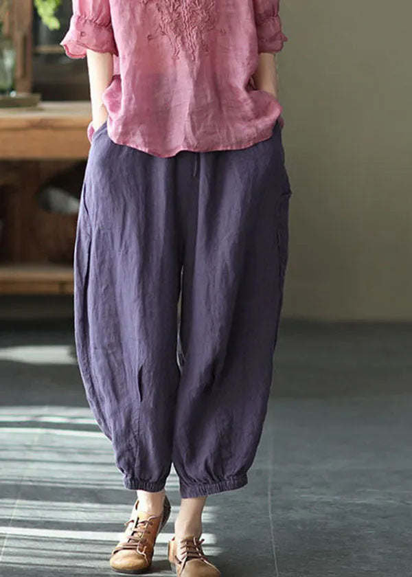 Purple Linen Beam Pants Elastic Waist Wrinkled Summer