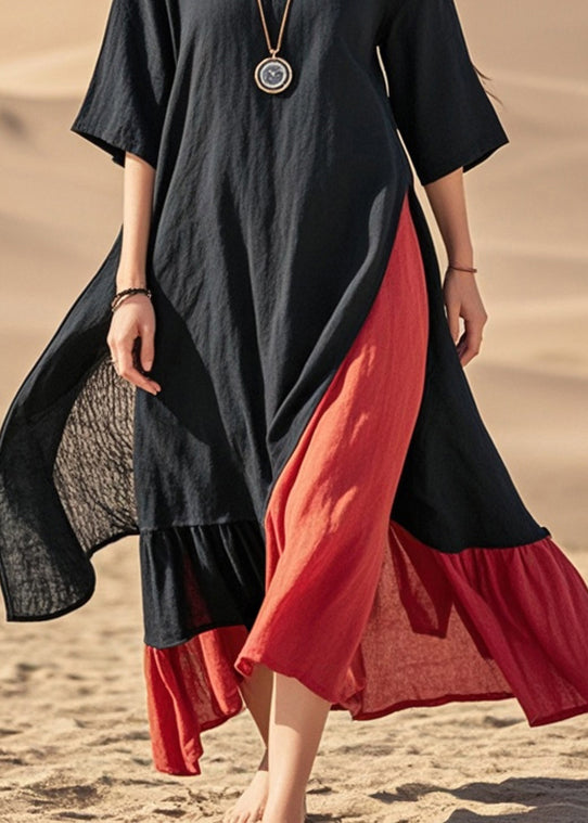 Black Asymmetrical Patchwork Cotton Maxi Dresses Summer