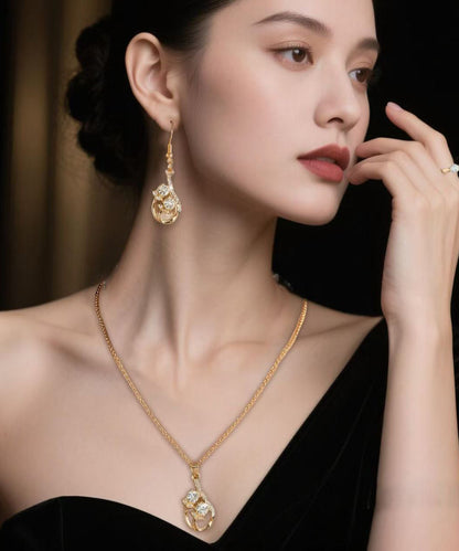 Gold Zircon Drop Earrings ,rings and Pendant Necklace Three-piece Set