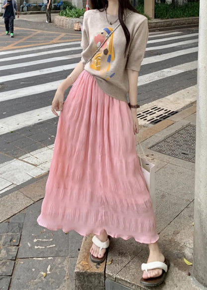 Yellow Elastic Waist Wrinkled Cotton Skirt Summer