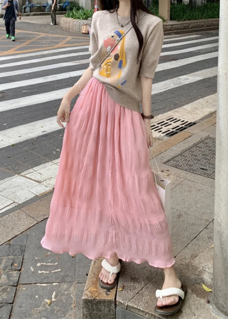 Yellow Elastic Waist Wrinkled Cotton Skirt Summer