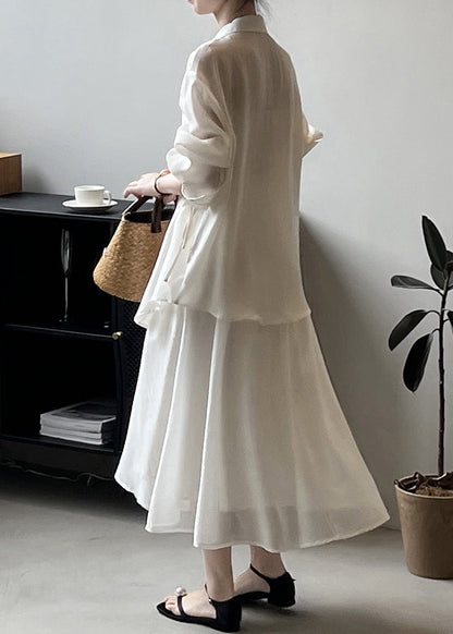 Beige Lace Up Shirts and Skirts Two Pieces Set Fall