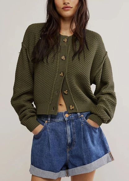 Style Grey O Neck Button Knit Loose Cardigans Fall
