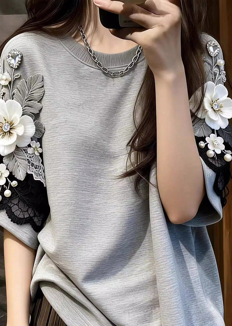Boutique Grey Nail Bead Tops Short Sleeve