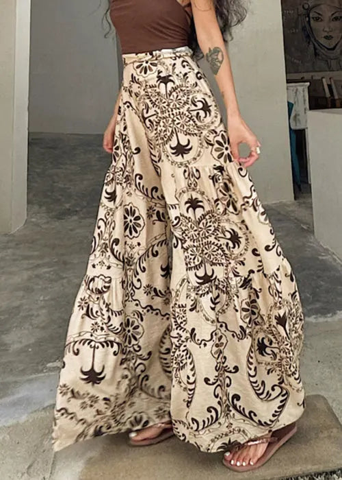 Apricot Print Pockets Cotton Wide Leg Pants Summer
