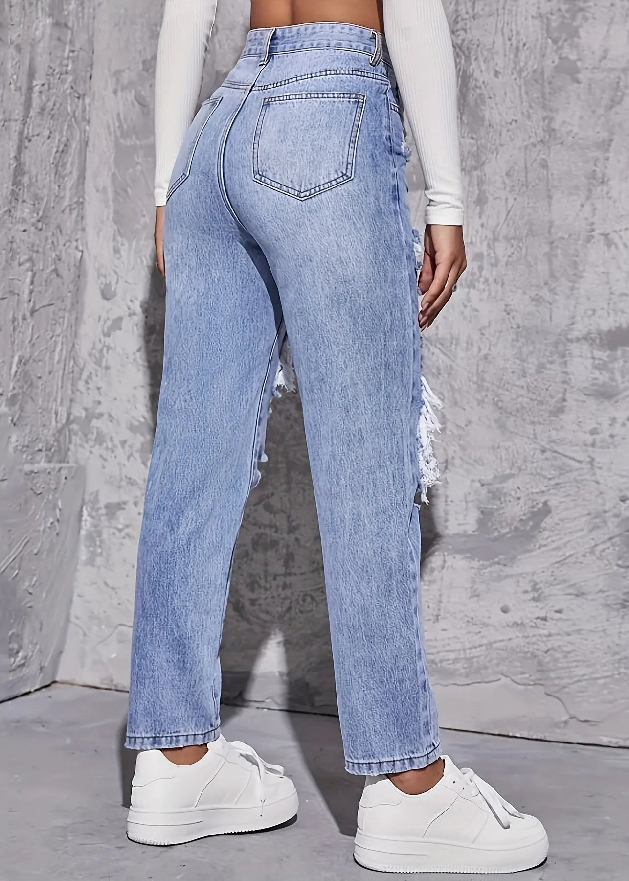 Blue Hole Pockets High Waist Denim Crop Pants Summer