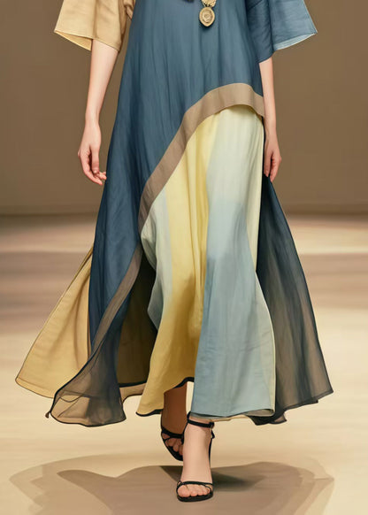 Navy Patchwork Cotton Long Dresses Asymmetrical Design Summer
