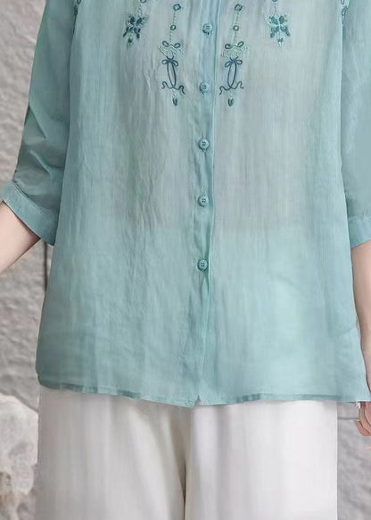Loose Purple Peter Pan Collar Embroidered Linen Top Summer